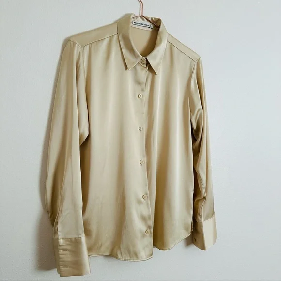 New Abercrombie & Fitch Cream Satin Elegant Long Sleeve Button Down Shirt - Picture 12 of 15